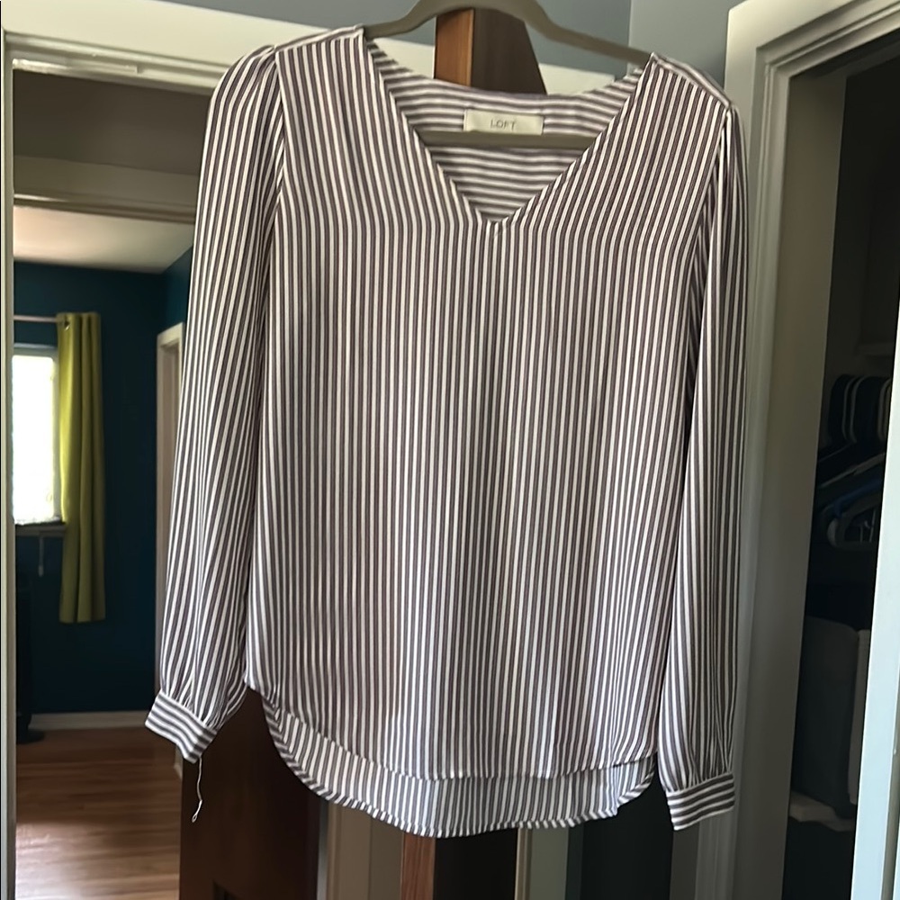 LOFT White and Gray Striped Relaxed Blouse